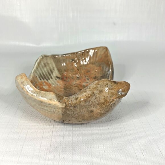 Studio Art Pottery Dish Bowl Abstract Irregular Beige Brown Tan Unique OOAK - Picture 2 of 6